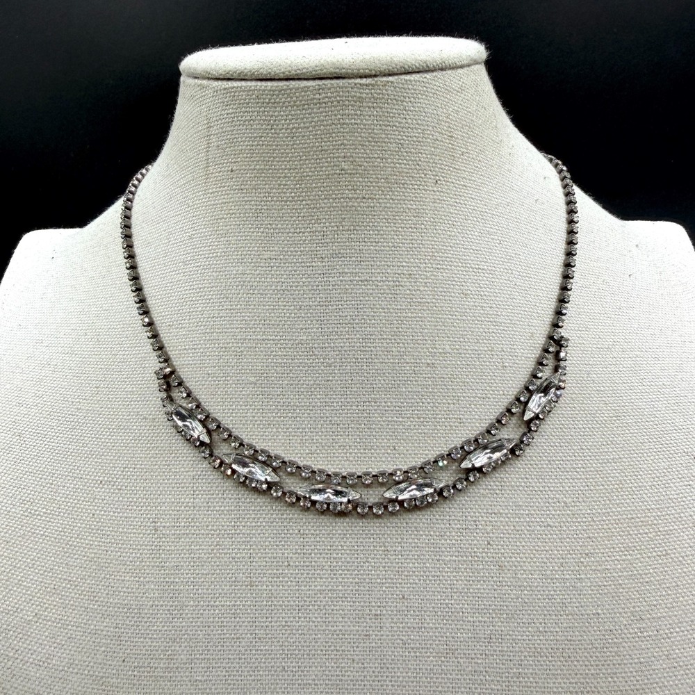 Vintage Style Clear Rhinestone Double Strand Marquise Statement Necklace Gift